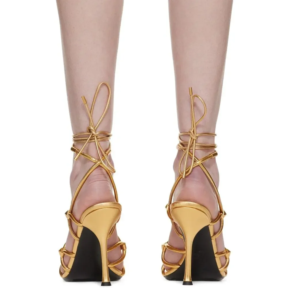 NIB Valentino Garavani Rockstud Net lace-up Heel Leather Sandals 40